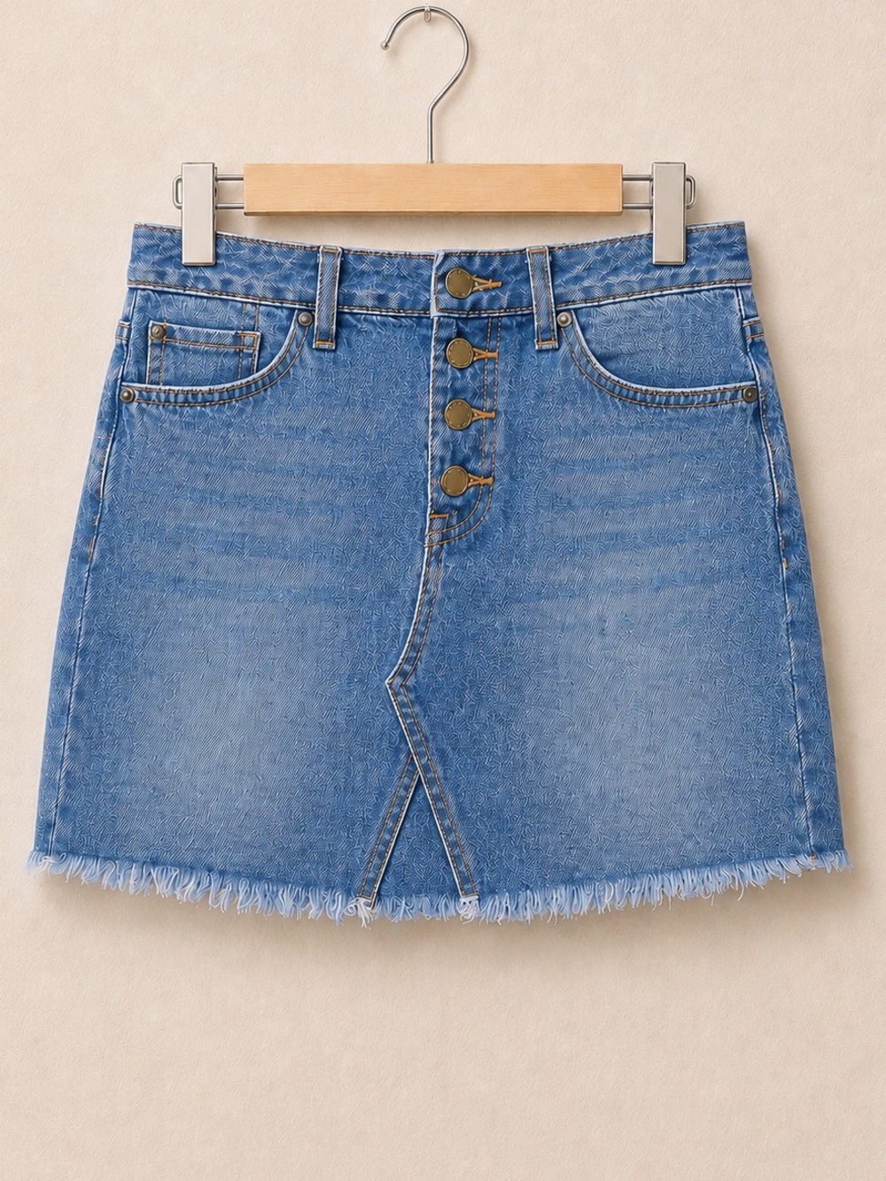 Just USA Classic Blue Denim Button Fly Raw Hem A-Line Summer Mini Skirt NWOT